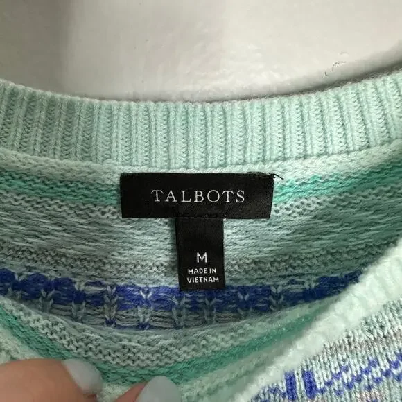 Talbots Women’s Fair Isle Mint Green with Blue Yoke Pullover Sweater Size M - Picture 2 of 6